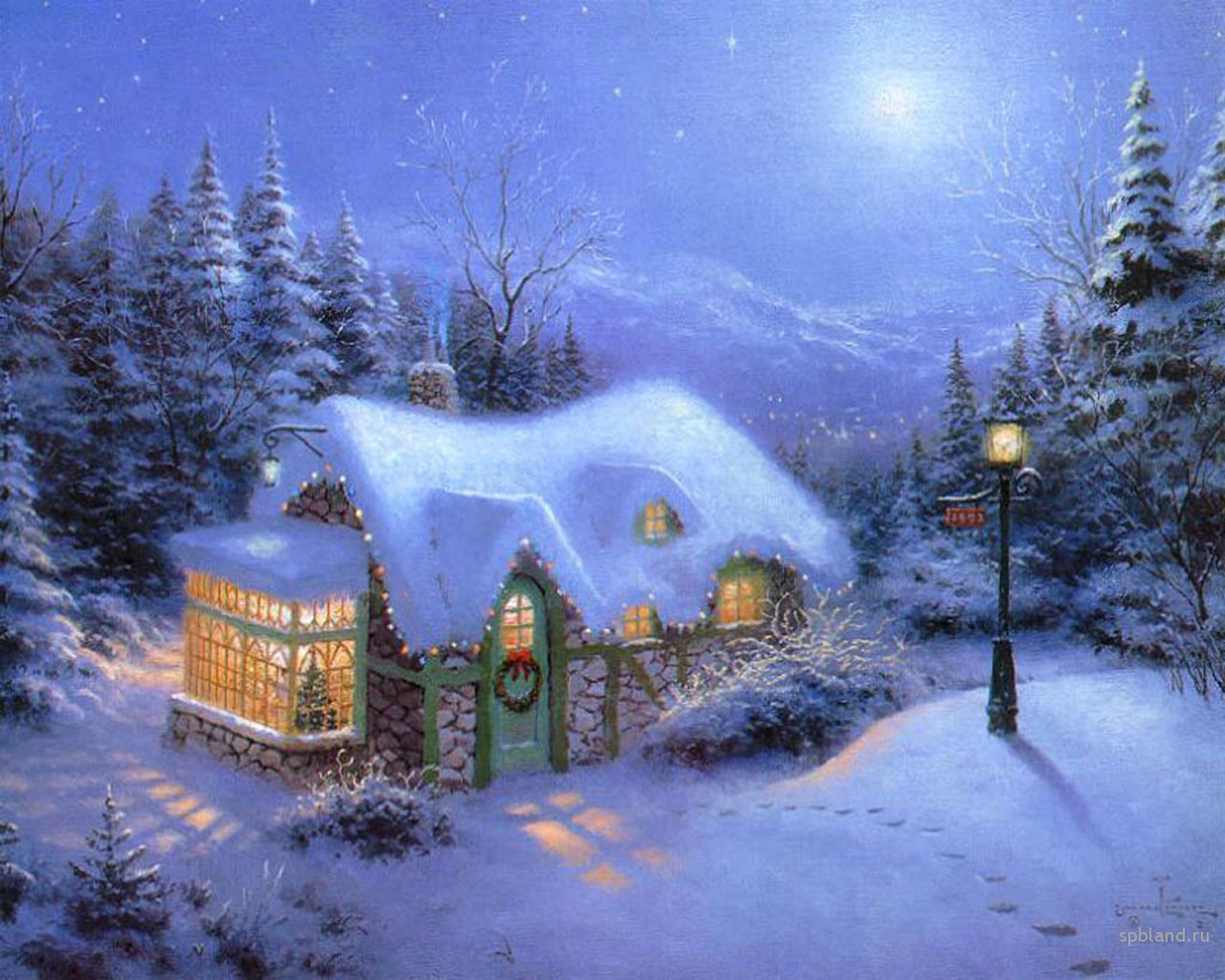 A cozy cottage decorated with Christmas lights, nestled in a snowy landscape under the moonlight
