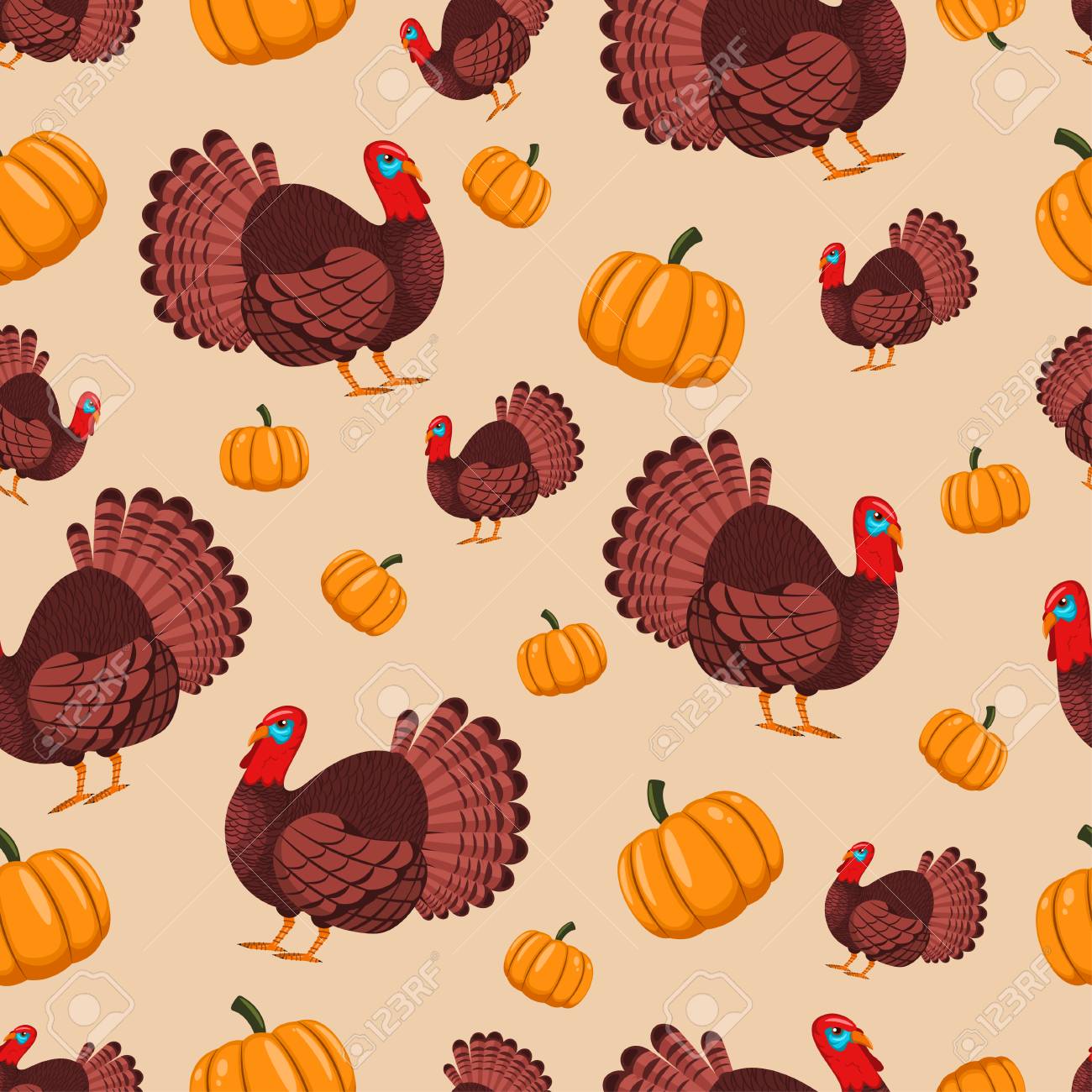 Turkey Bird And Pumpkin Vector Seamless Pattern For Holiday