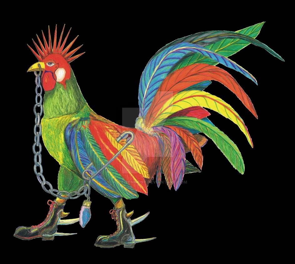 Punky Rooster On Black Background By Ajleibengeist