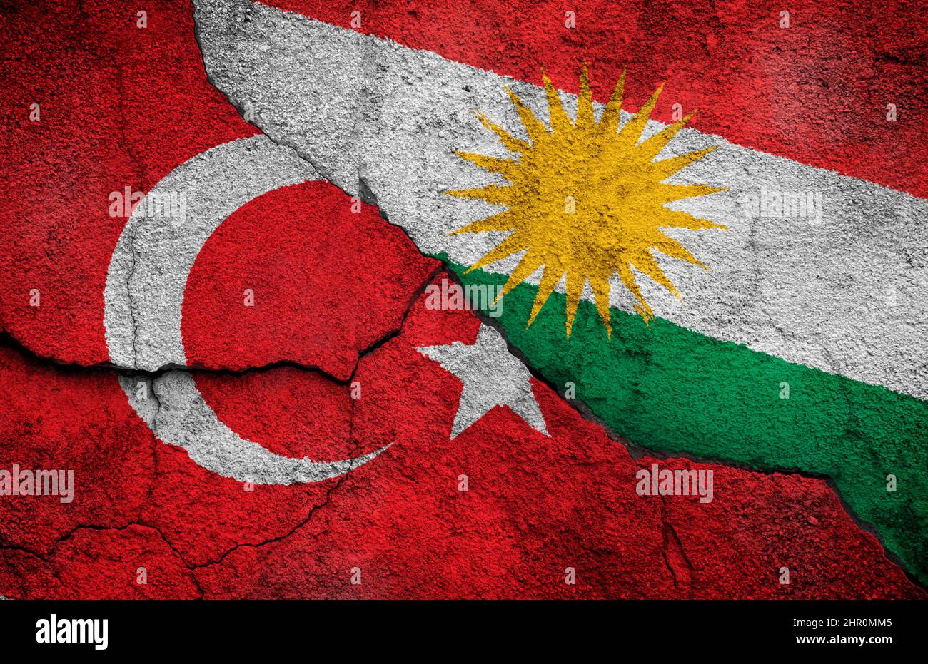 Full frame photo of weathered flags of Turkey and Kurdistan