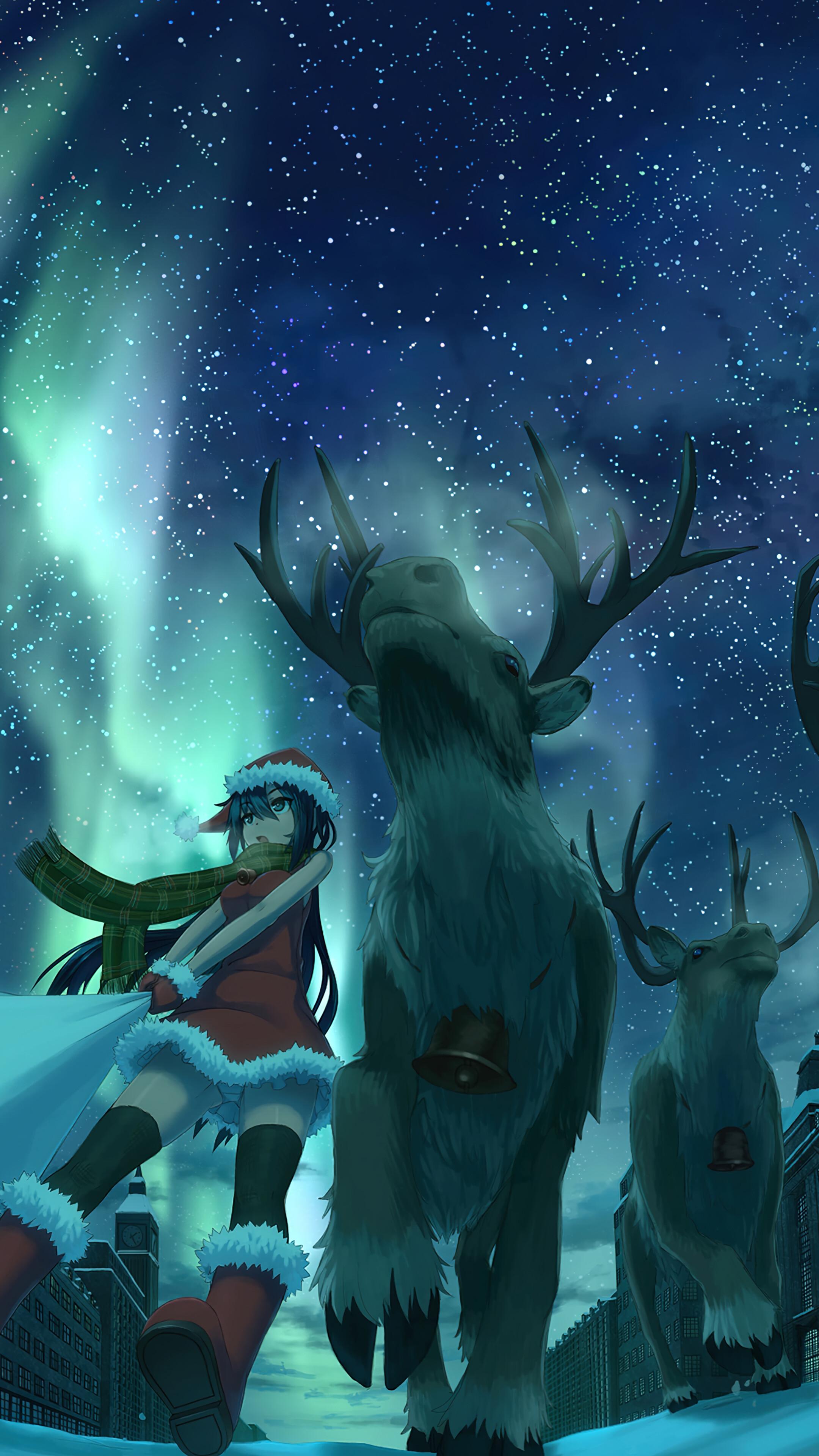 Christmas Reindeer Anime Santa Girl Northern Lights 4k Wallpaper