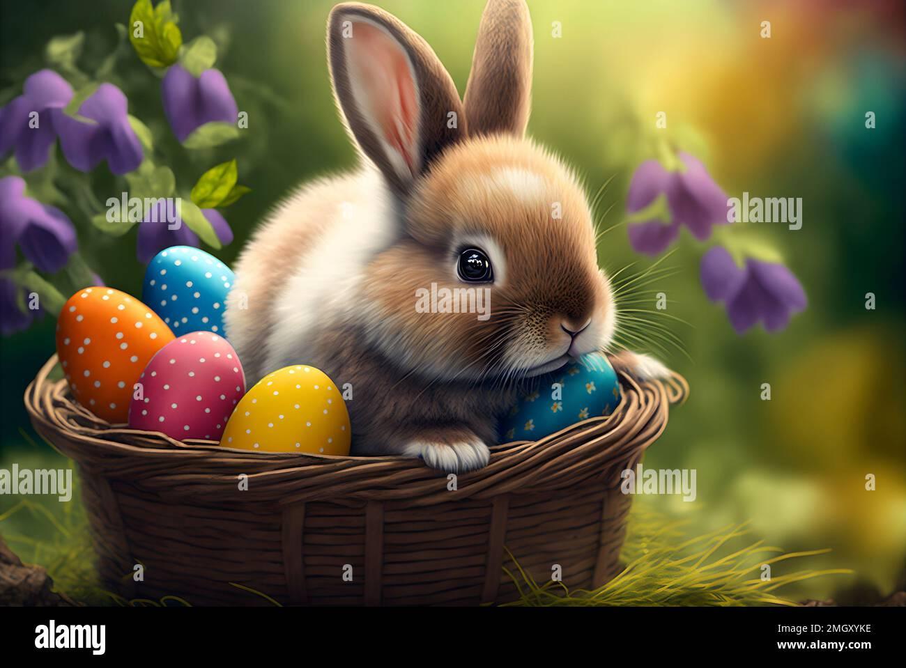 Cute Easter Bunny Sitting In Basket With Colorful Painted Eggs