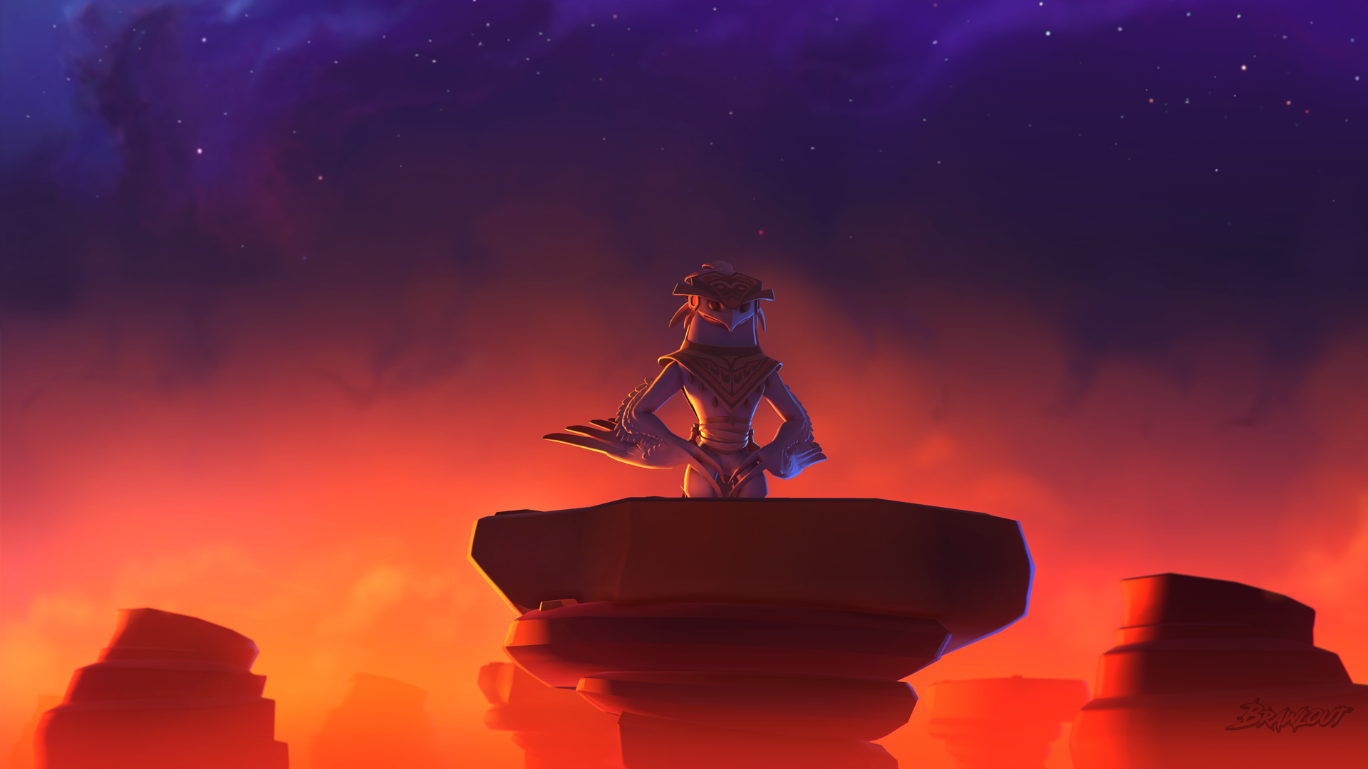 A Brawl Stars-inspired character stands on a rocky outcrop against a vibrant sunset backdrop