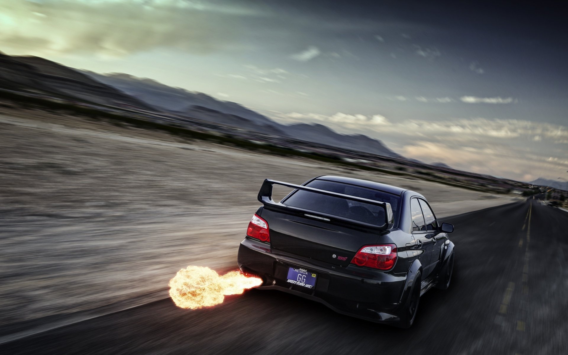 Subaru Impreza WRX STI tuning fire flames exhaust explosion roads