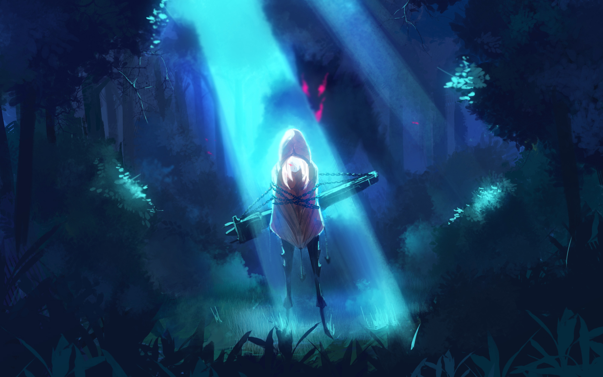 Anime Girl Forest Night Wolf Wallpaper