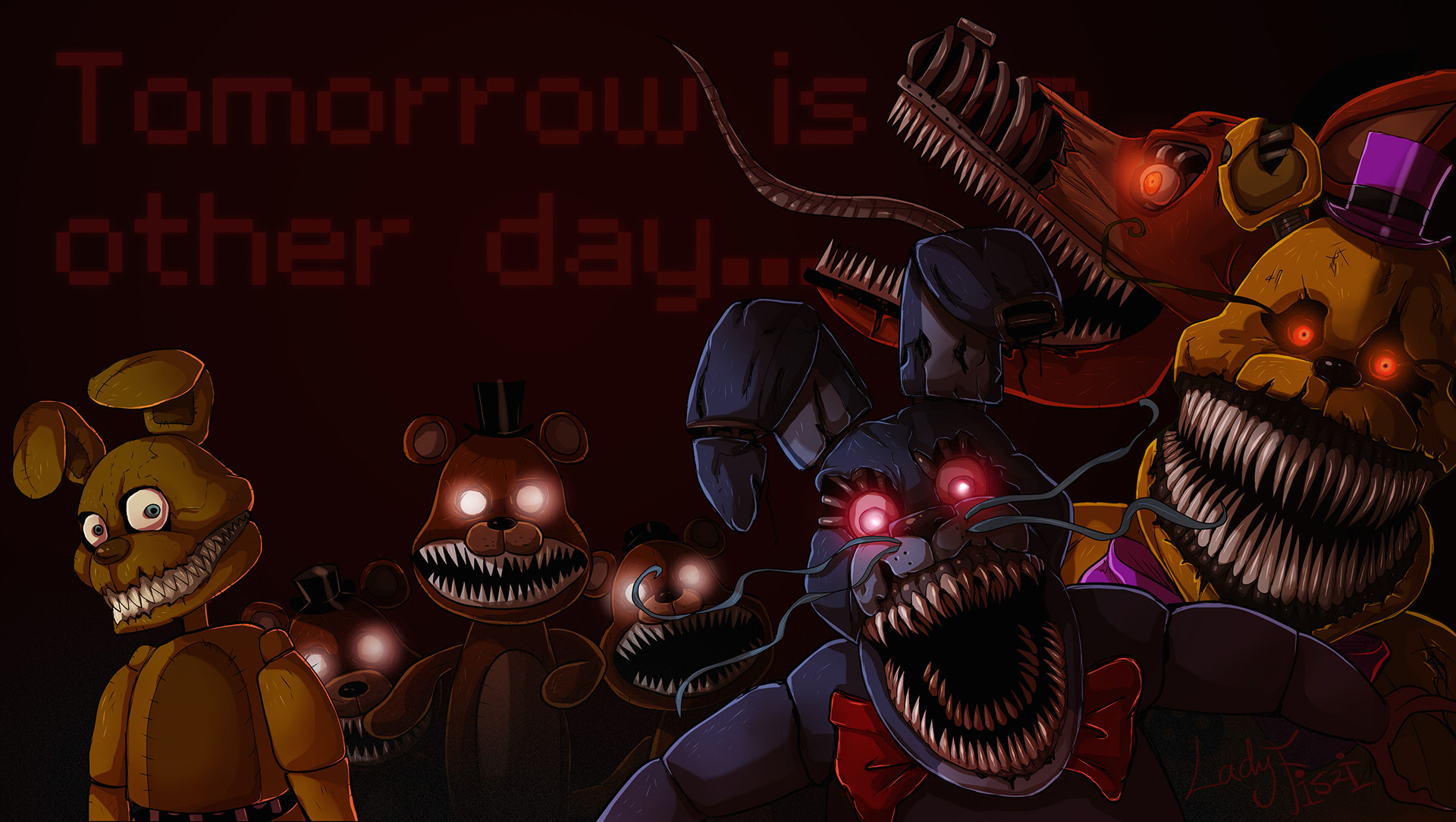 Creepy FNAF Characters Wallpaper: A group of nightmarish animatronics with glowing eyes and sharp teeth against a dark background with the text 'Tomorrow is another day.'