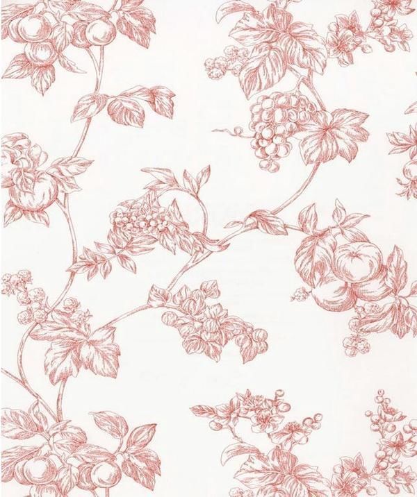 WALLPAPER BY THE YARD Red and White Country French Vining Fruit Toile