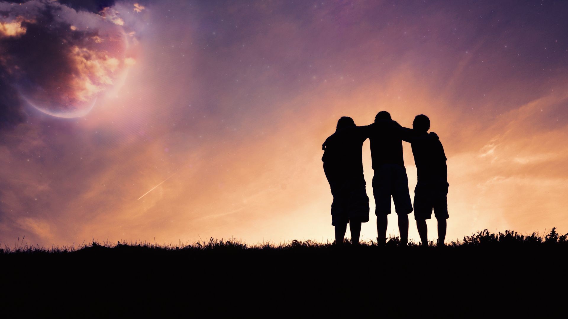 Silhouettes of three friends standing together on a hilltop at sunset, symbolizing friendship, unity, and shared moments