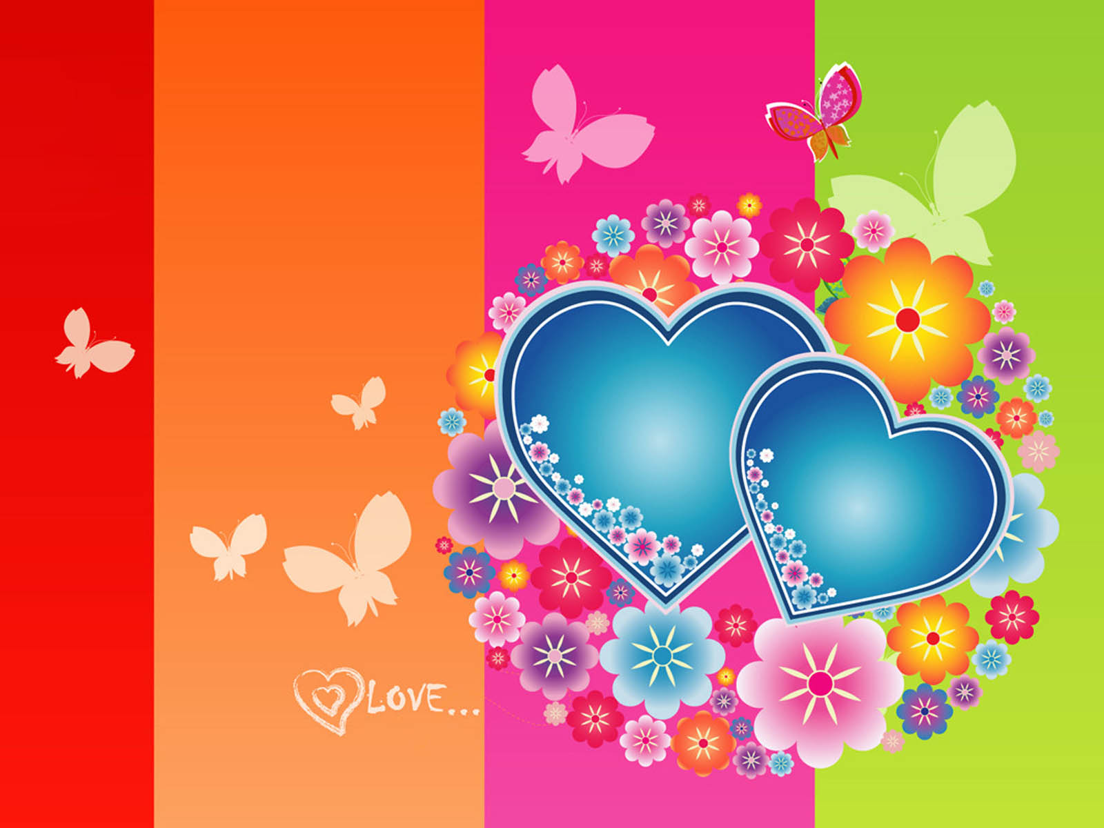 Two vibrant blue hearts nestled amongst colorful flowers and butterflies on a bright, multicolored background. Perfect for Valentine's Day or expressing love