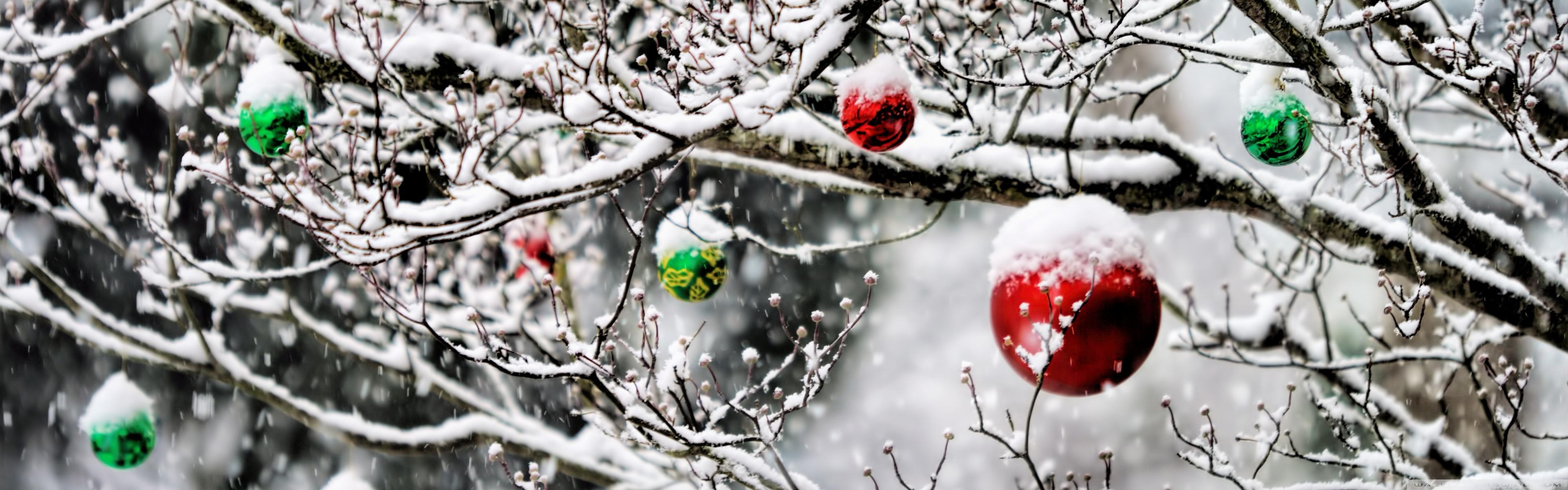 Christmas Ornaments In The Snow Ultra HD Desktop Background