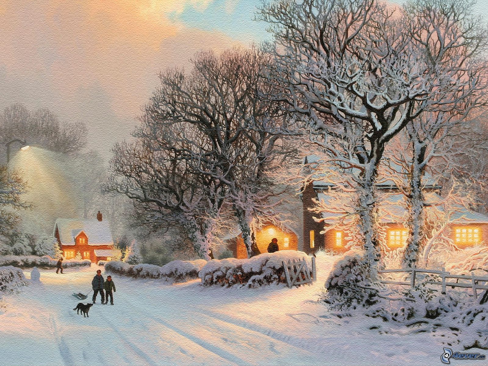 Snowy Village Snow Covered Road People Trees Cartoon