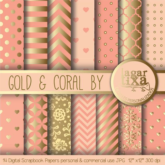 Gold Coral Salmon Peach Digital Paper Background Chevron Polka dots h