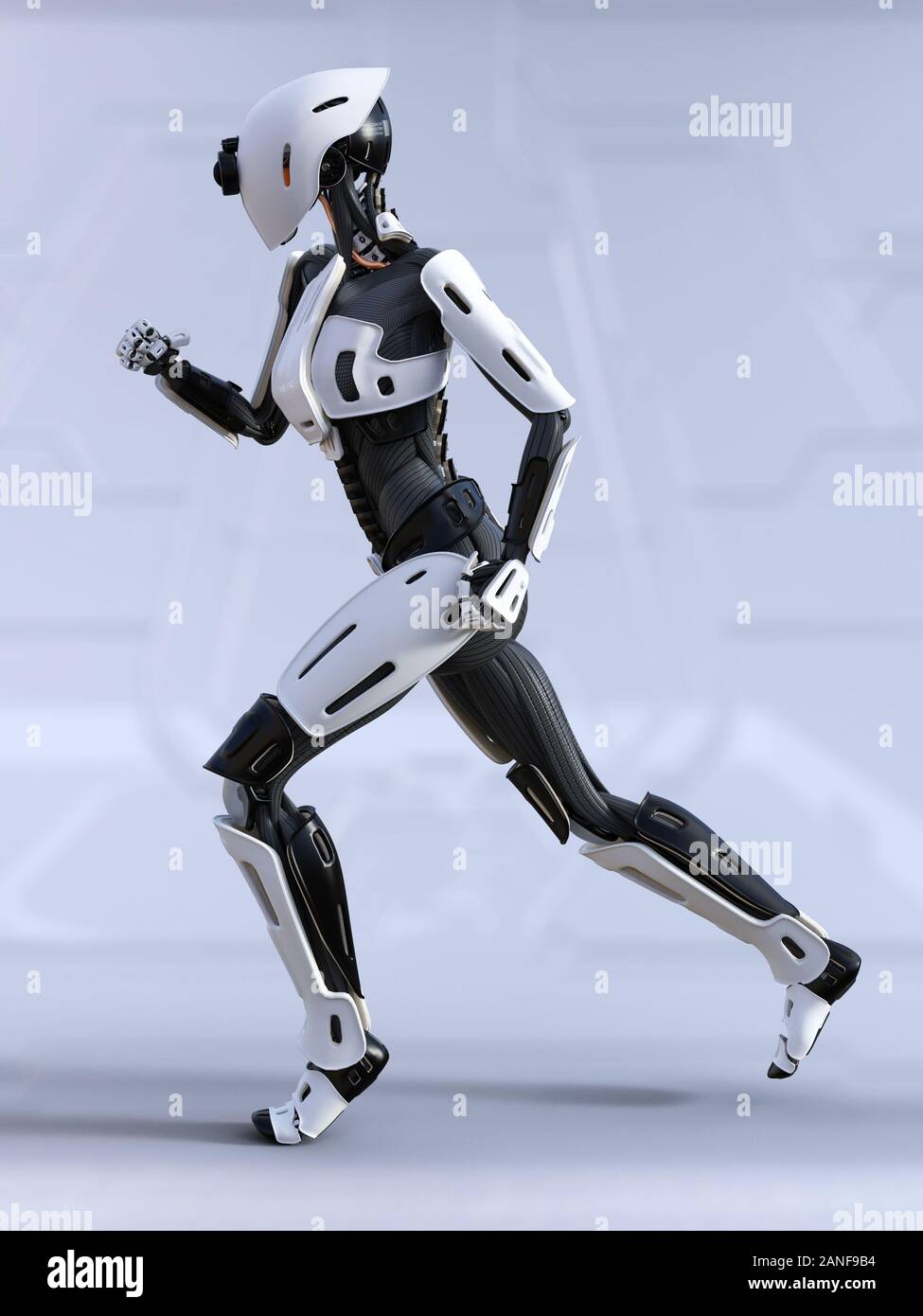 3D rendering of a female android robot running Futuristic ai