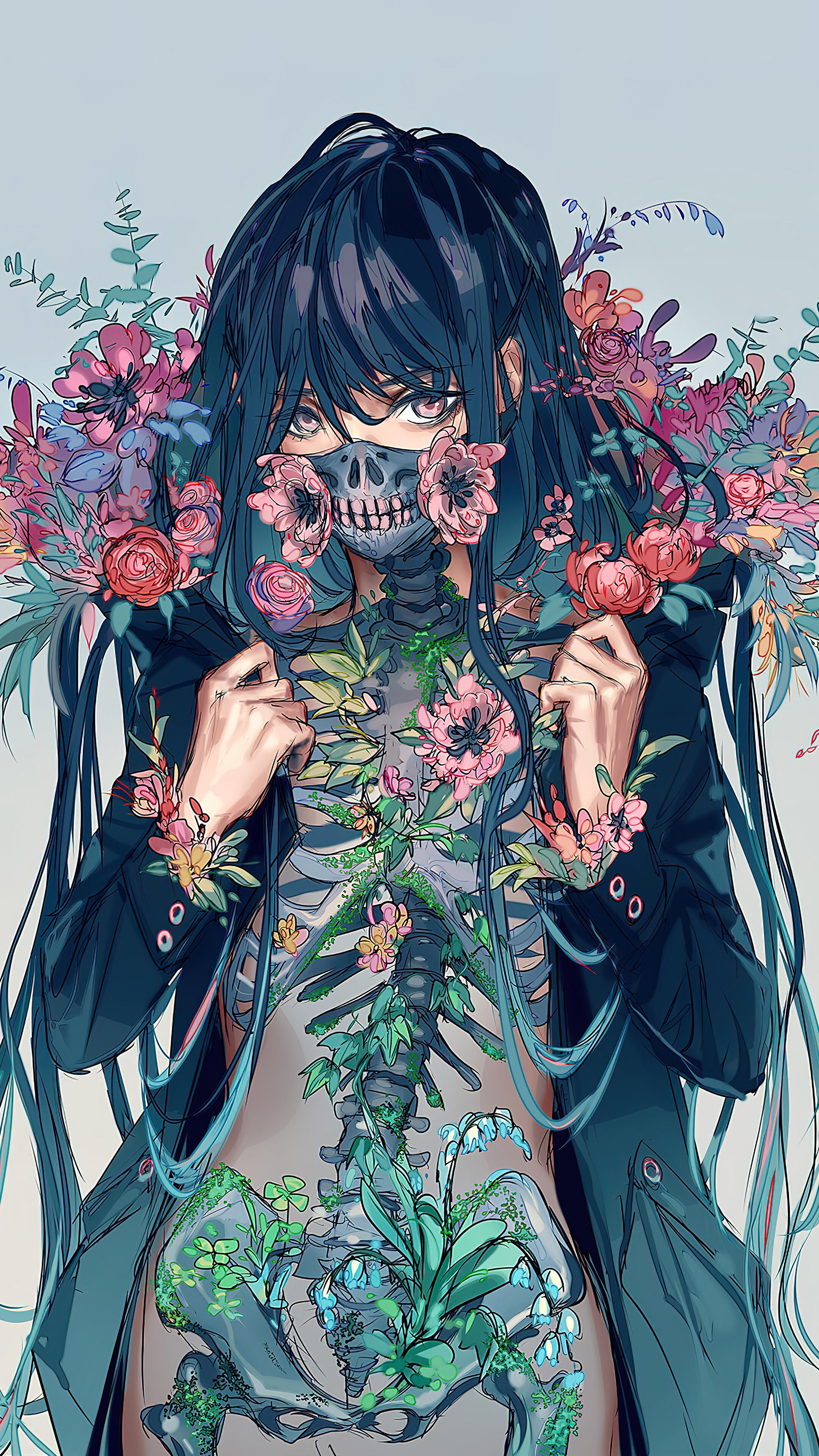 Anime Girl Mask Flower Digital Art 4k Wallpaper iPhone HD Phone 9450f