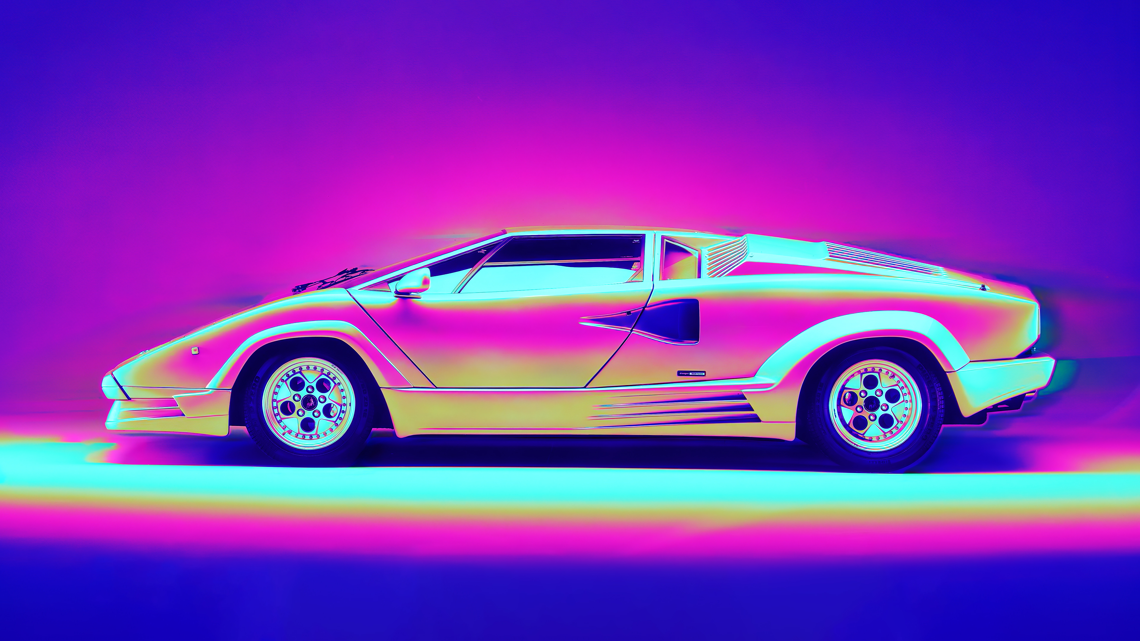 A vibrant, cartoon-styled Lamborghini Countach against a neon-gradient backdrop