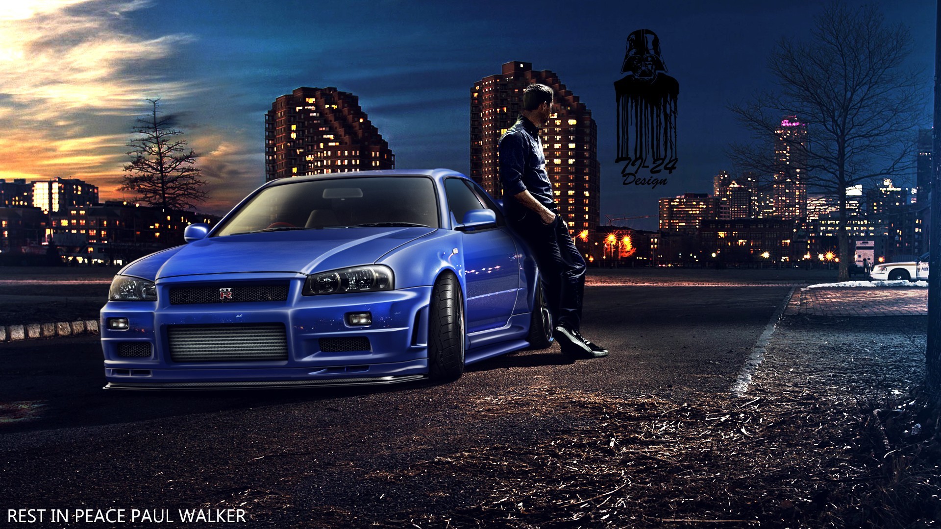 Paul Walker leaning on a blue Nissan Skyline GT-R, a tribute from the Fast and Furious franchise