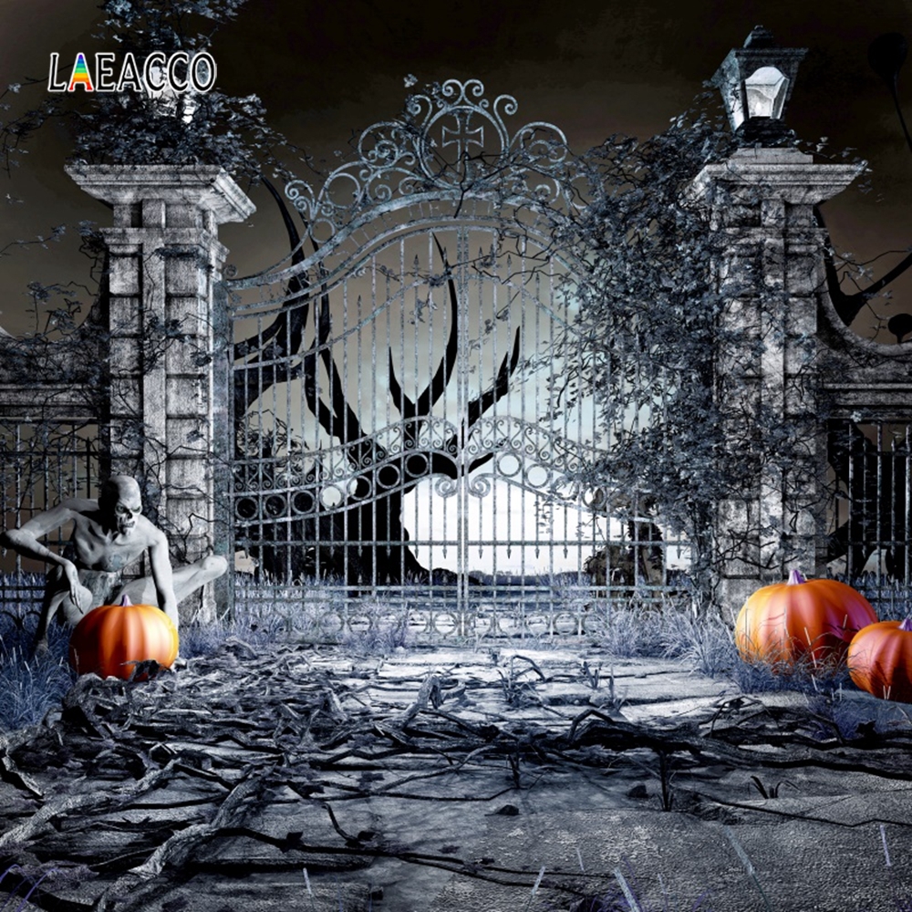 Laeacco Happy Halloween Party Photozone Castle Gate Ghost Pumpkin