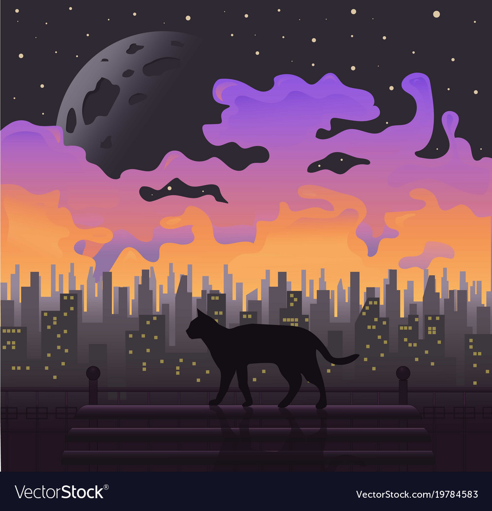 Black Cat At Full Moon Purple Background Vector Image