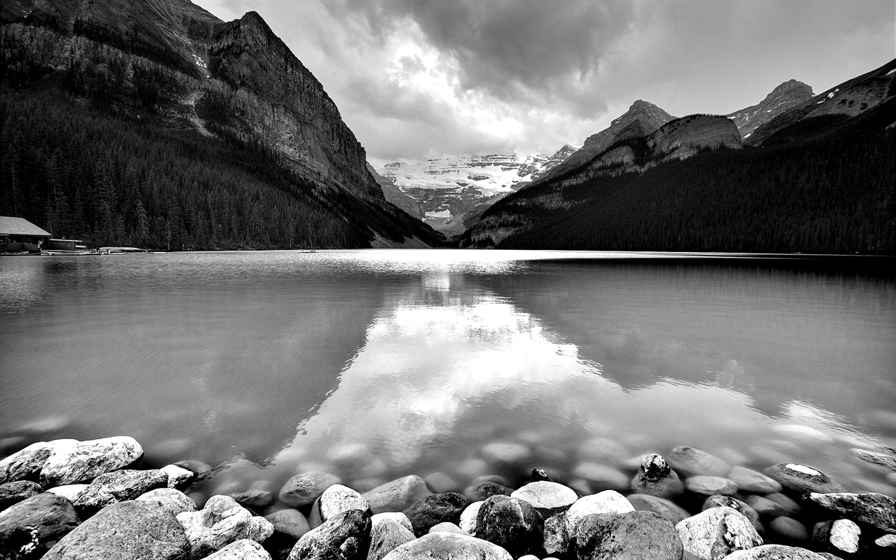 Lake In Mountains Black White Wallpaper Widescreen