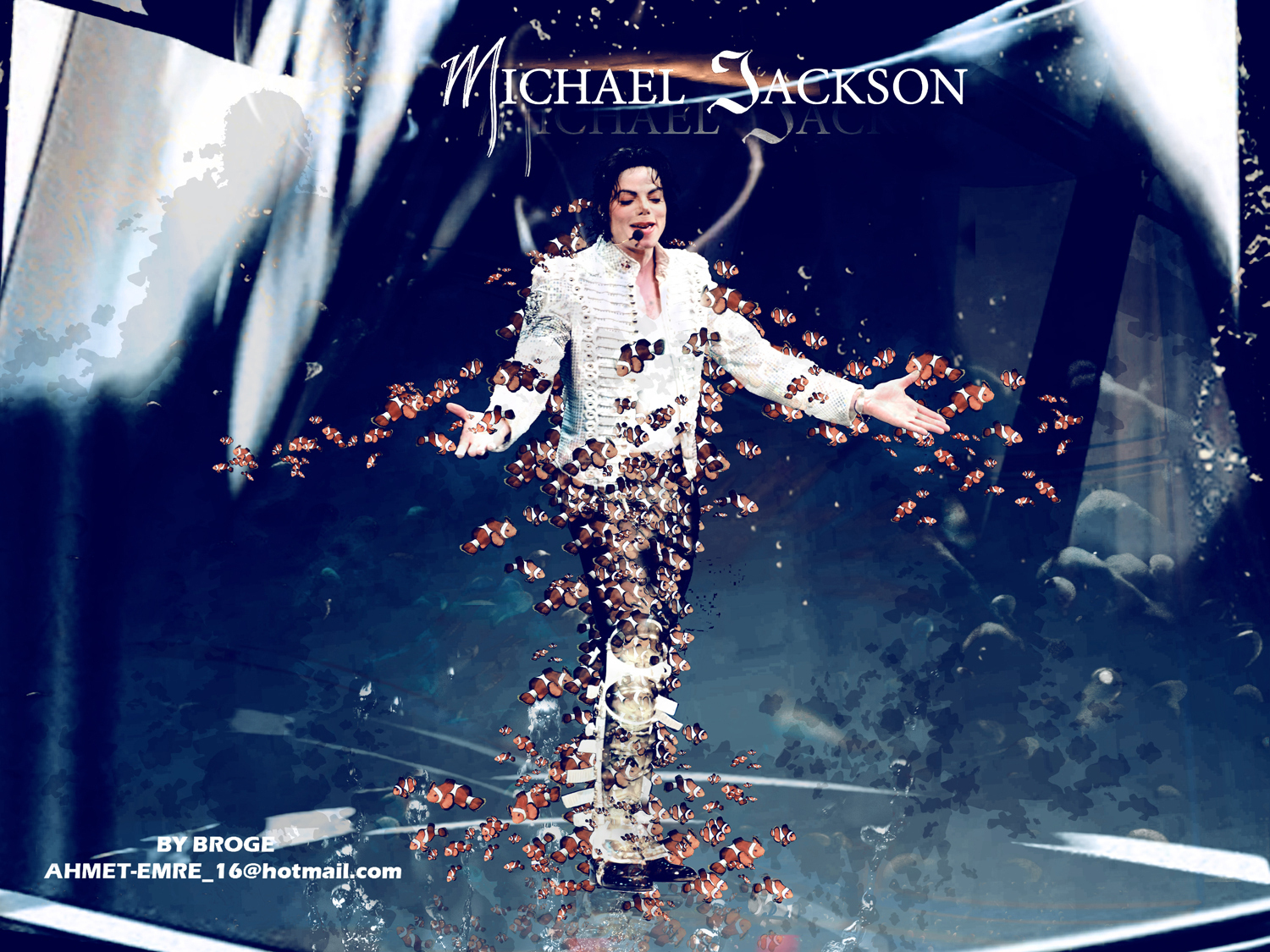 Michael Jackson performing on stage, surrounded by a swarm of digitally added clownfish, creating a surreal and artistic effect