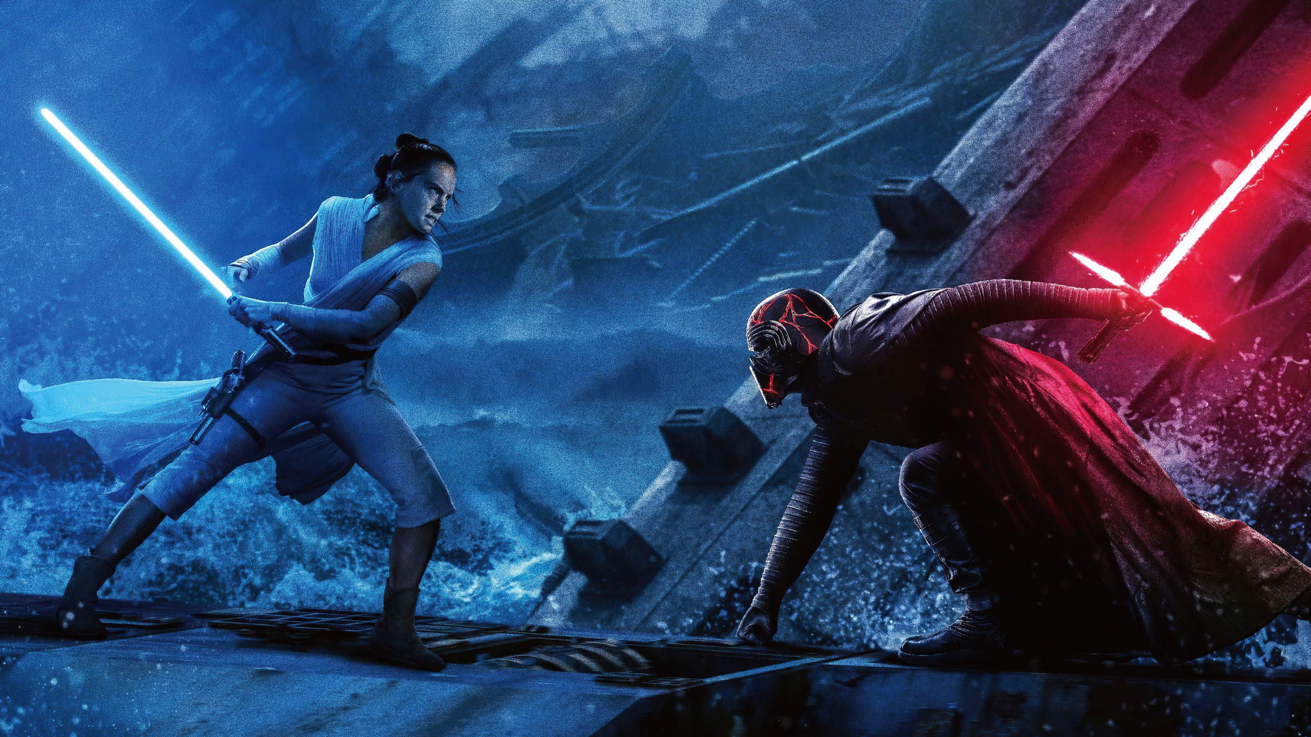 Rey and Kylo Ren duel with lightsabers amidst a watery backdrop in a Star Wars movie poster