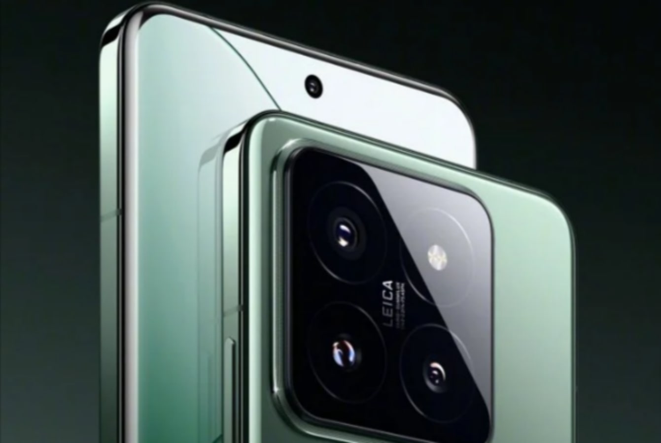 Close-up of the Xiaomi 14 Pro in a light green color, showcasing its Leica camera system