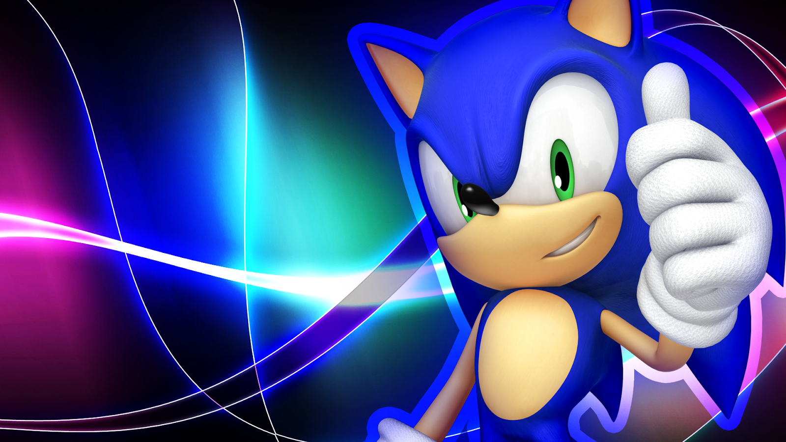Sonic the Hedgehog giving a thumbs up against a vibrant, abstract background