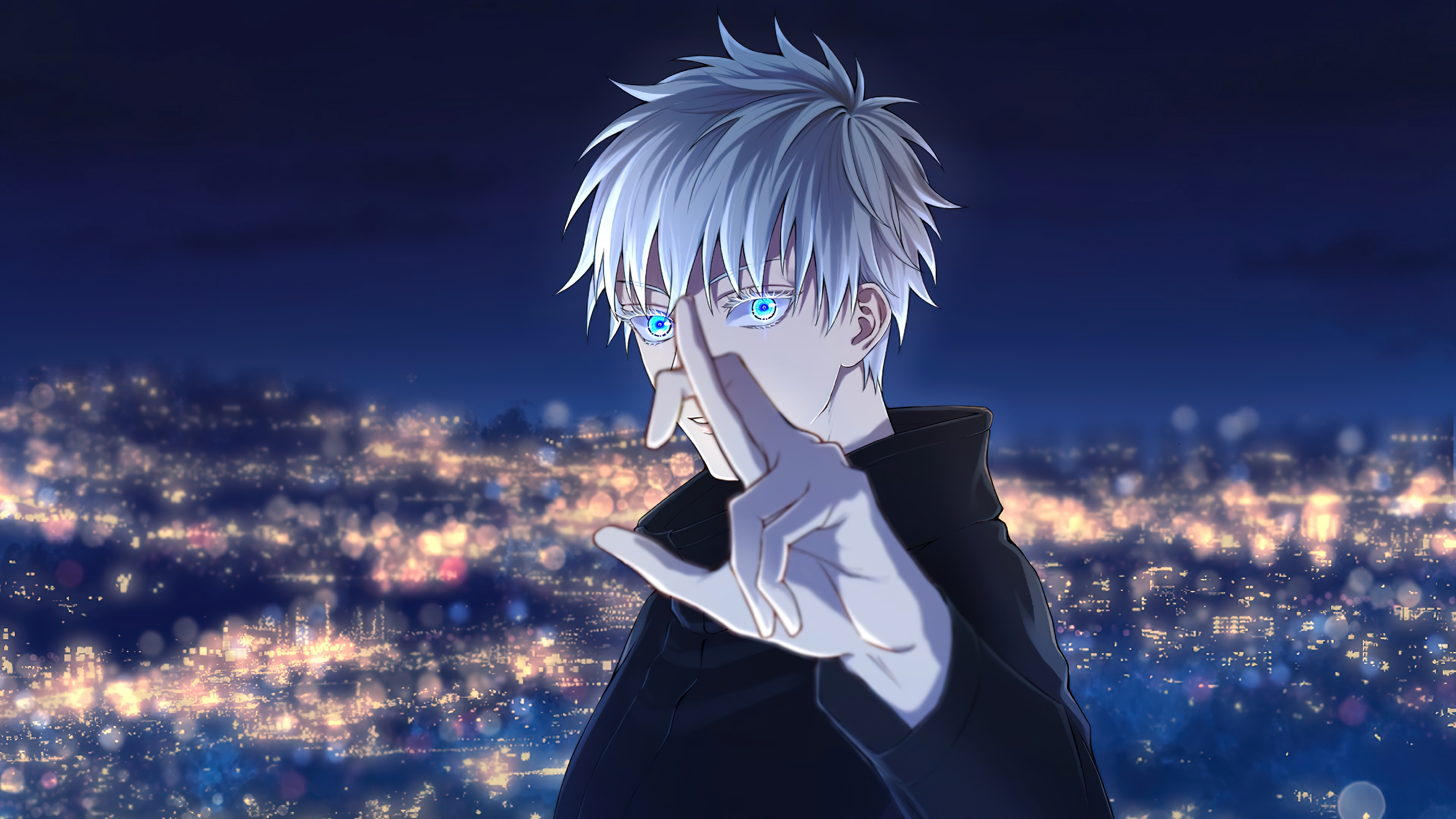 Gojo Satoru 4k wallpaper: Anime boy with white hair and blue eyes making a hand sign against a backdrop of a city at night