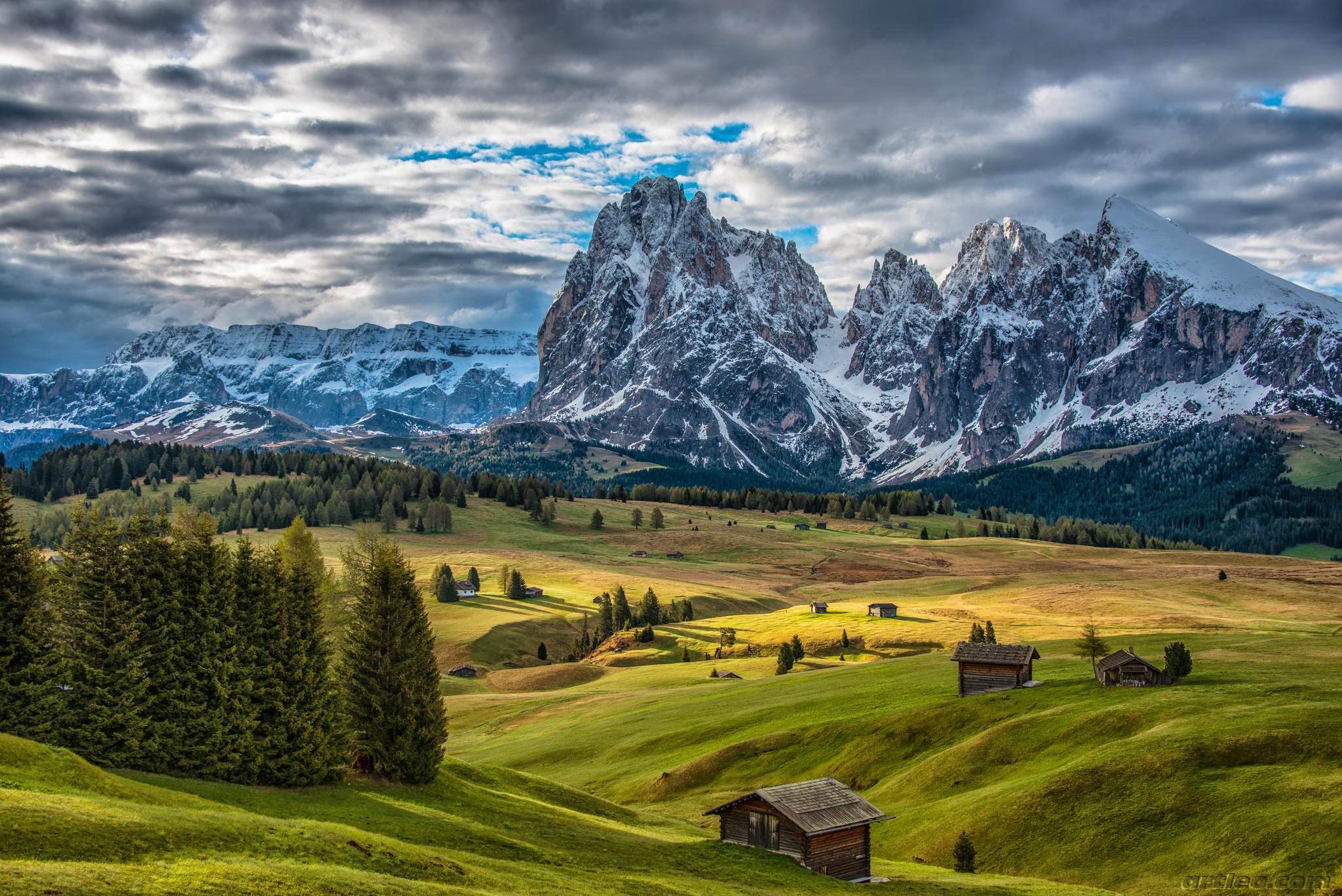 Trees Clouds Dolomites Alps Alpe Di Siusi Italy Wallpaper Background