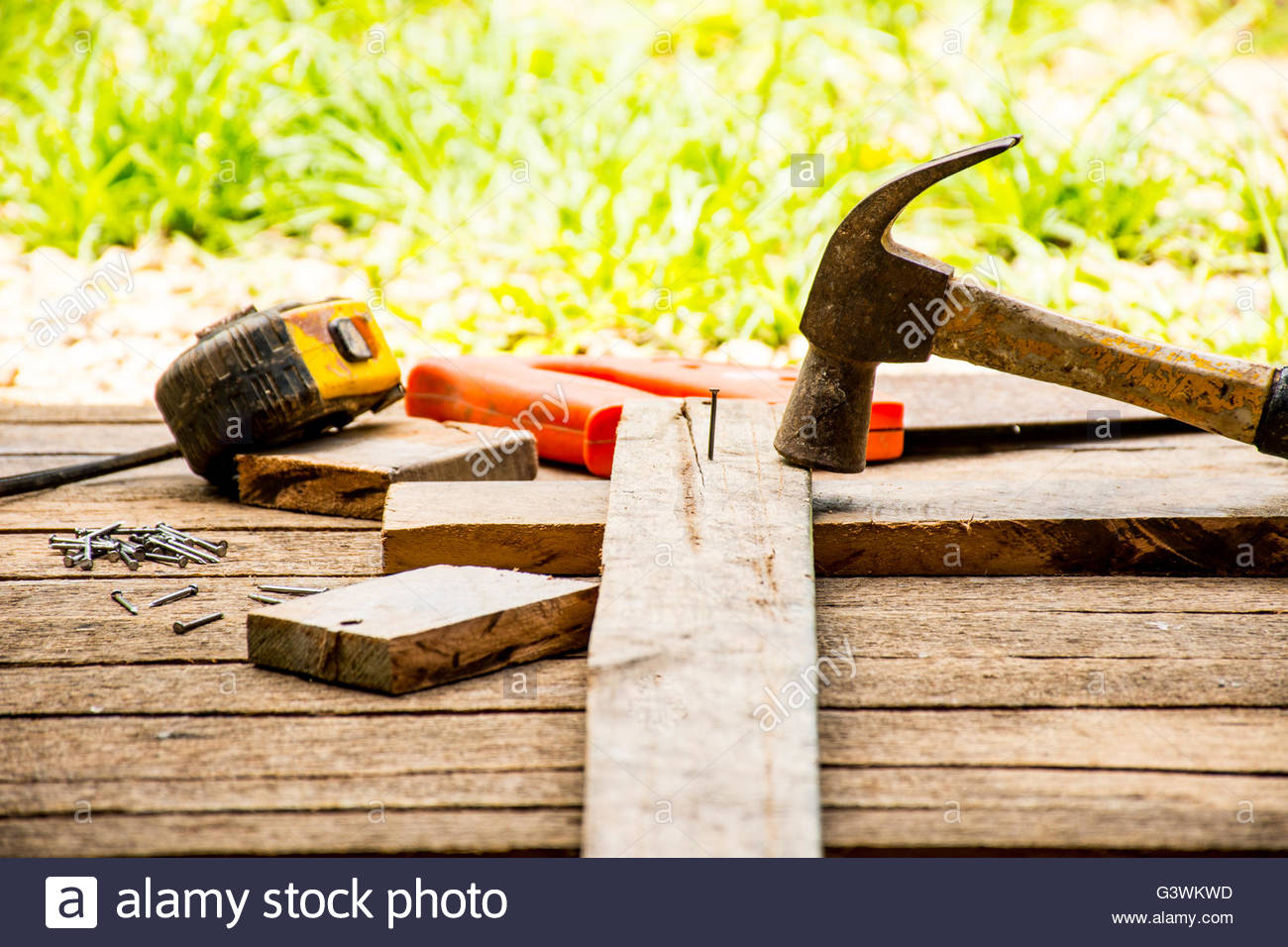 Background Craftsman Tool Such As Old Hammer With Tape Measure And