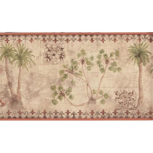 Wallpaper Border Tropical Palm Trees with Vintage Map