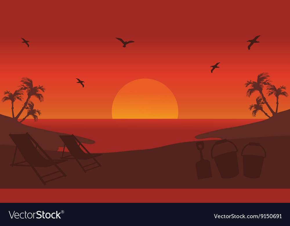 Orange backgrounds silhouette beach at summer Vector Image