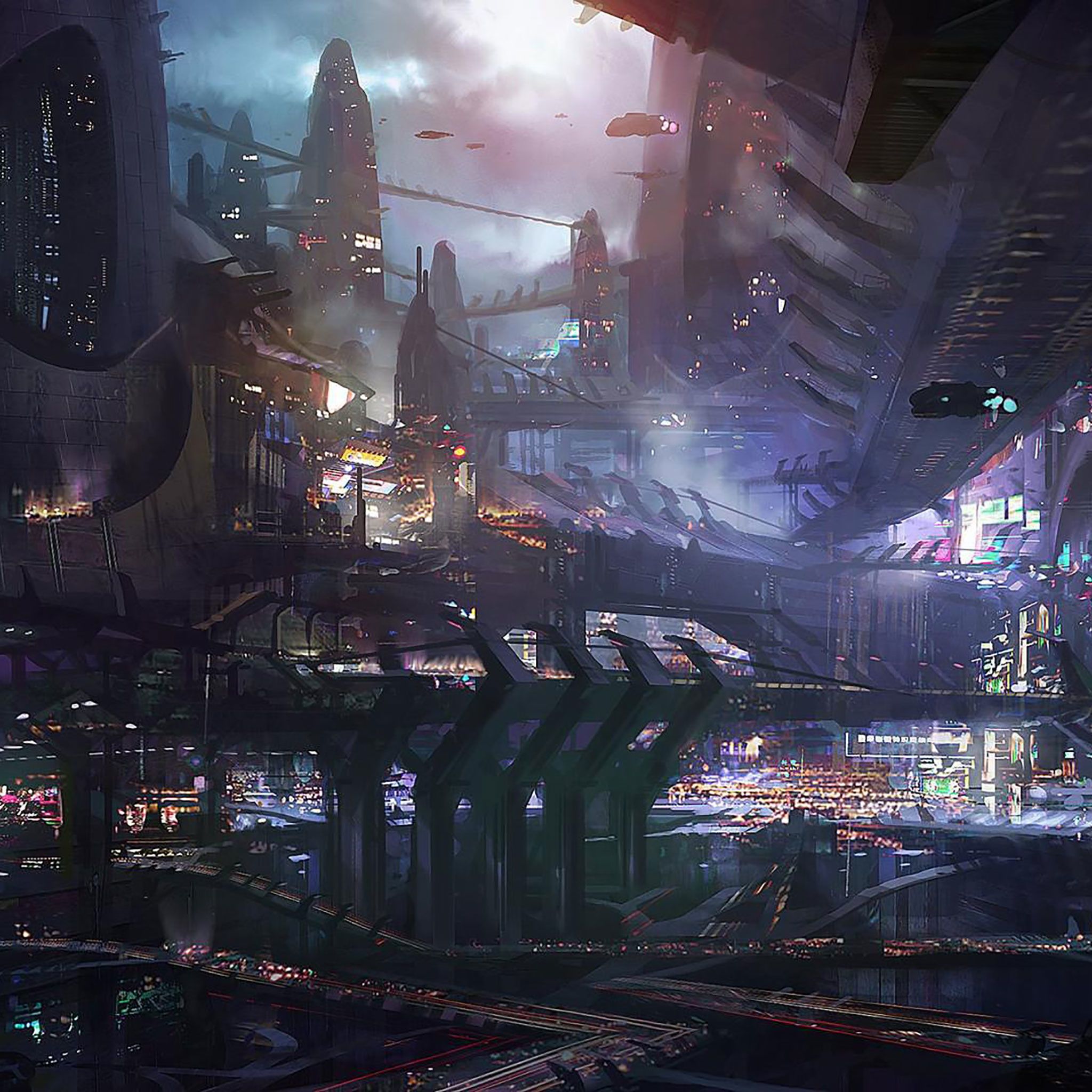 Cyberpunk Futuristic City Raining Street Lights People Tap To