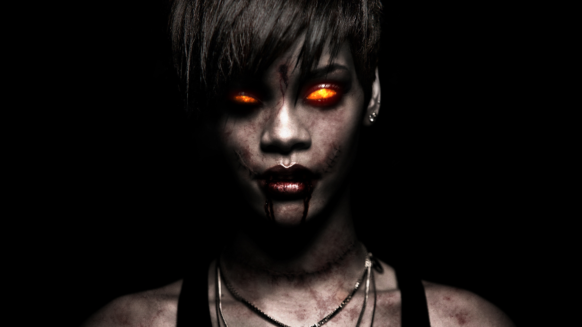 Rihanna Brute Zombie Demon Creepy Face Eyes Singer Musician Women