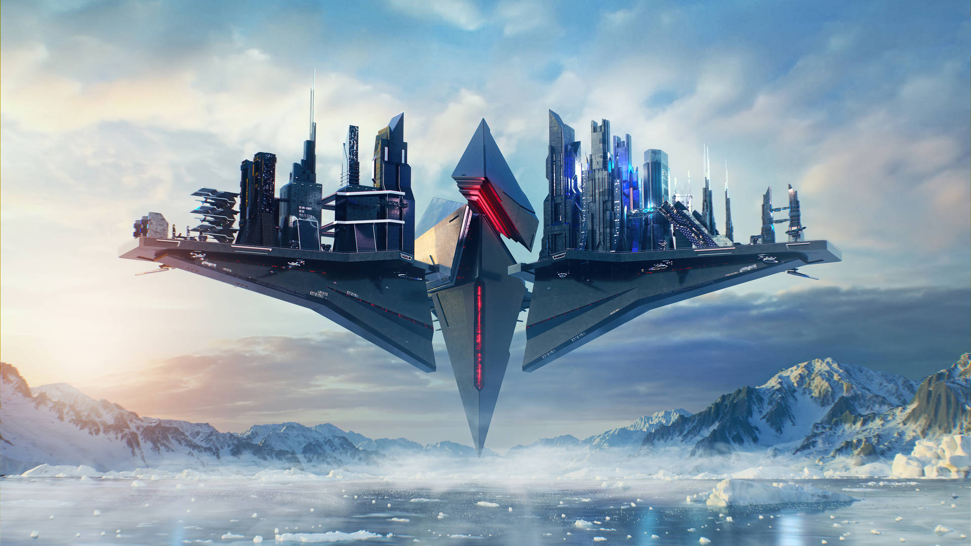 Floating Futuristic Building Gaming Logo HD Wallpaper