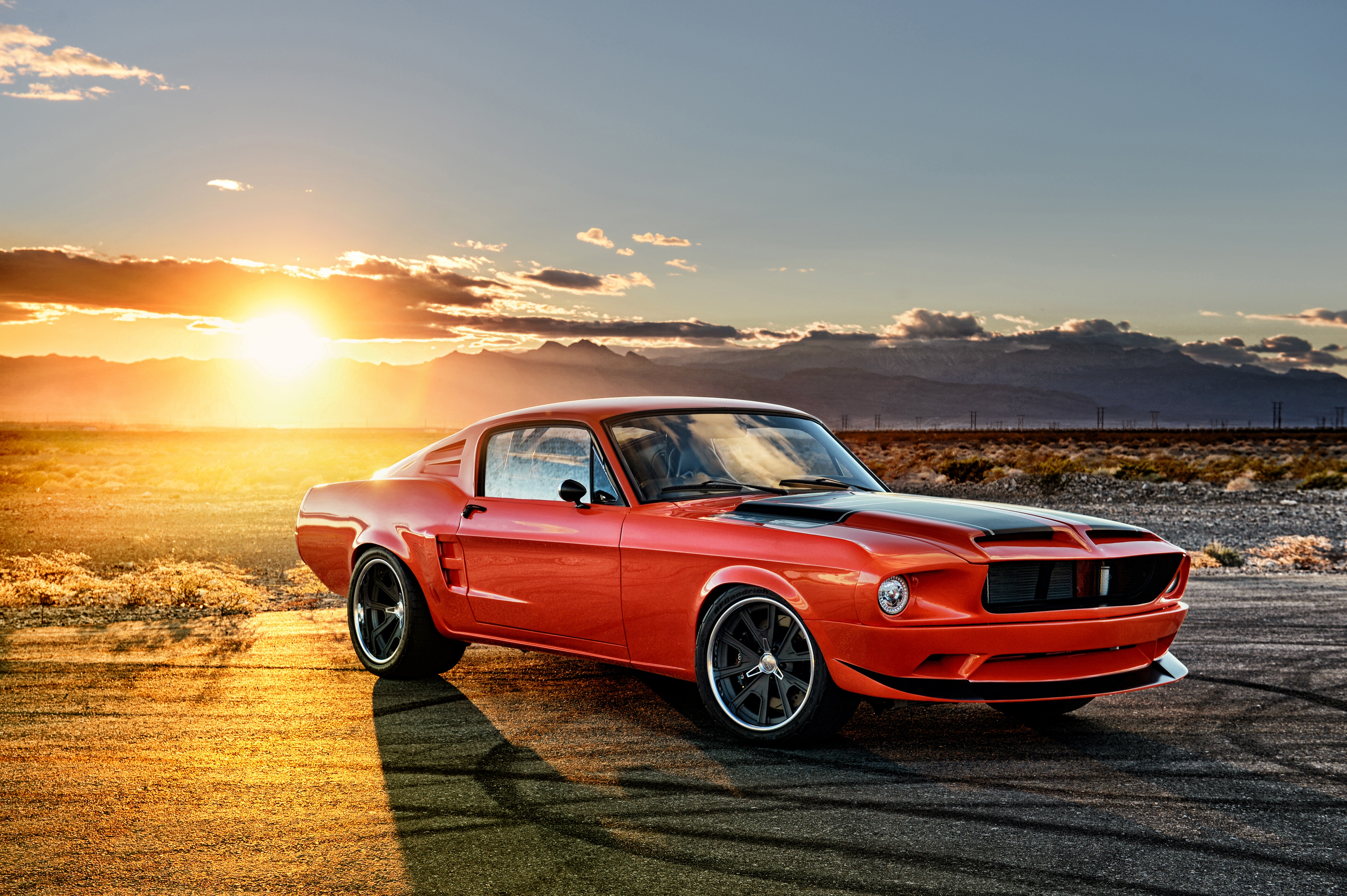 Classic Orange Ford Mustang at Sunset