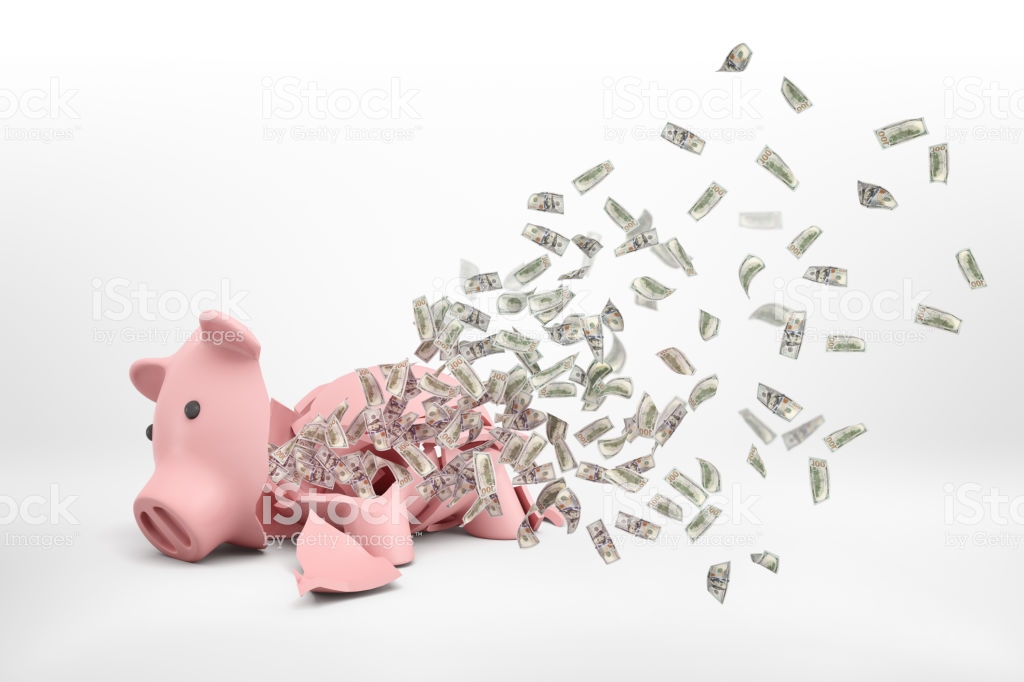 3d Rendering Of A Pink Broken Piggy Bank Lying On A White