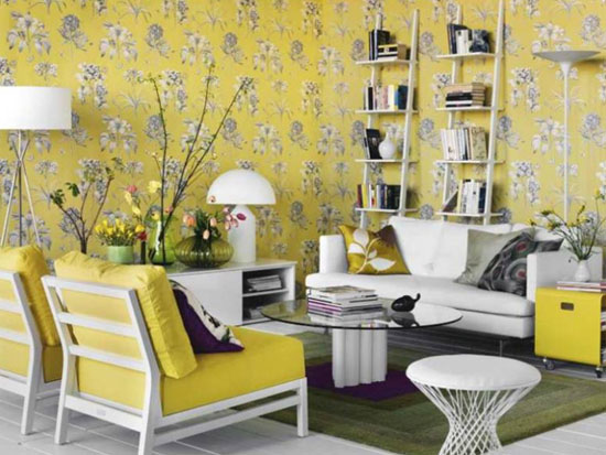 gray and yellow wallpaper with flowers and yellow upholstery are 550x413
