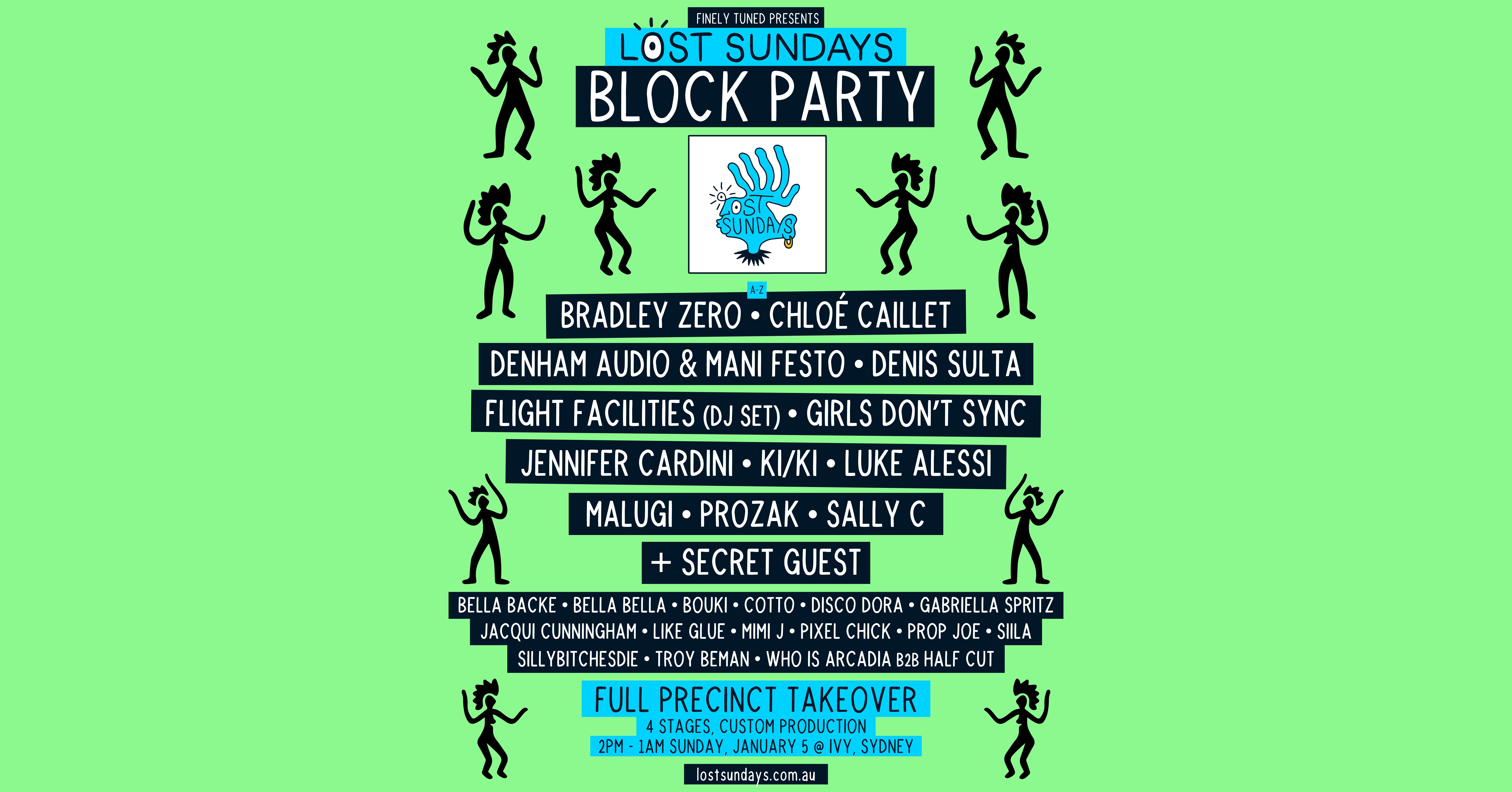 A vibrant green flyer for the Lost Sundays Block Party at Ivy, Sydney, on January 5th. The flyer features the event title, artist lineup, and additional details