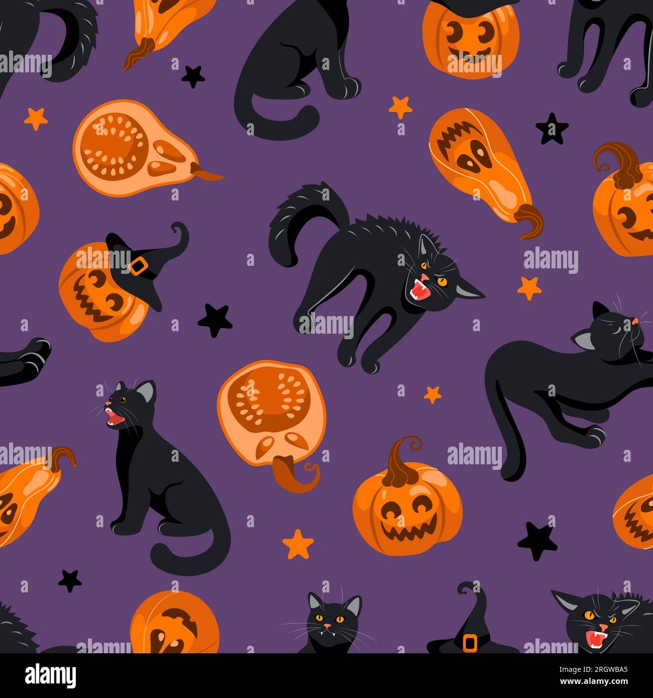 Halloween seamless pattern Black cat witch hat jack lantern