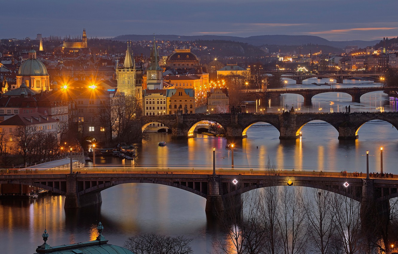 Wallpaper Night Lights River Prague Czech Republic Bridges