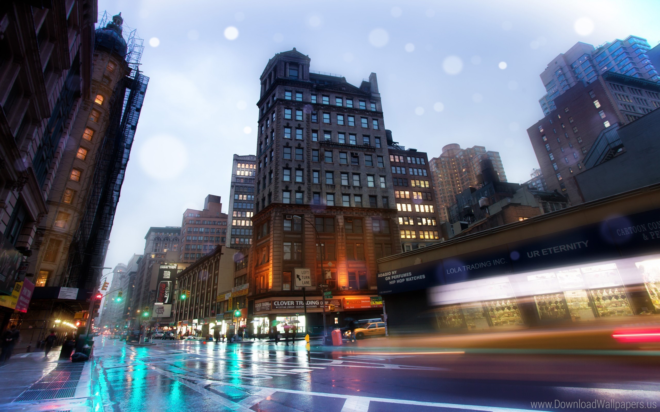 A vibrant, rainy evening scene on Broadway, New York City, with illuminated buildings and light trails from passing vehicles