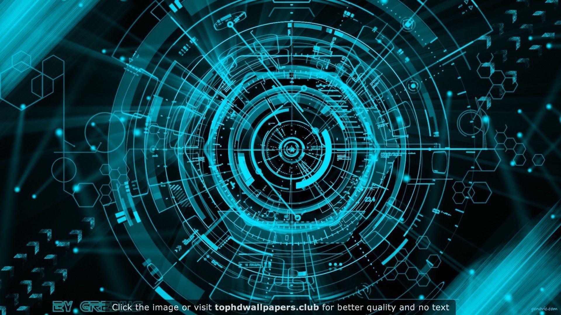 A cool, futuristic 4k wallpaper with a circular, glowing cyan design at the center. The background is dark, with additional glowing cyan lines and shapes suggesting technological or scientific themes