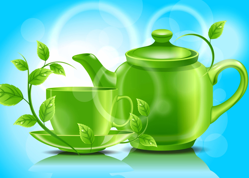 Eps File Teacup Teapot And Green Leaves Background Vector