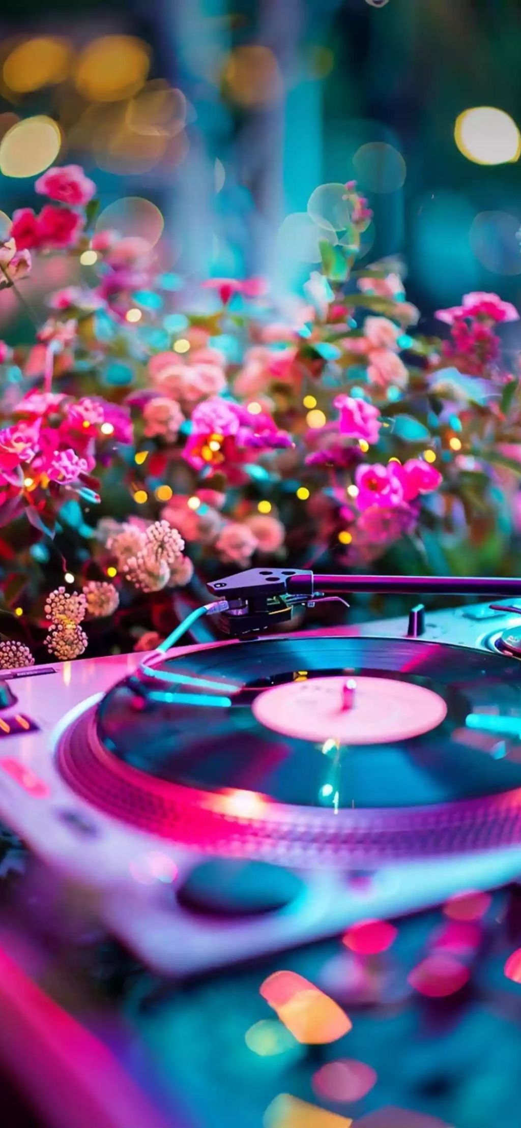 Vintage Record Player With Colorful Lights Wallpaper