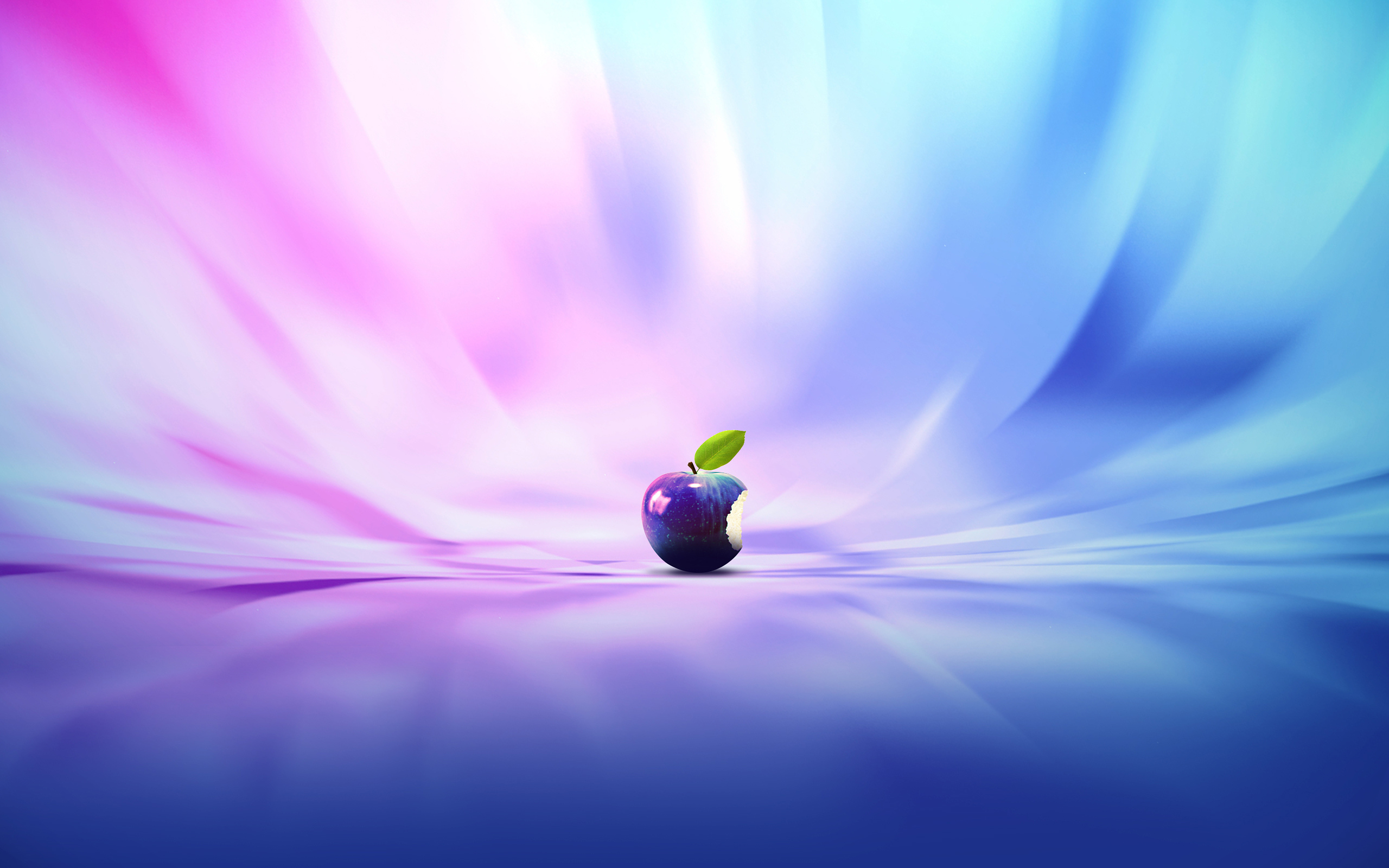 A stylized, cosmic apple with a bite taken out, set against a vibrant, abstract background of pink and blue hues