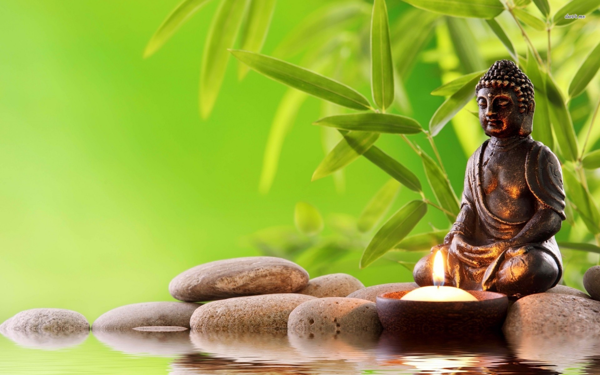 Serene Buddha statue with a lit candle amidst bamboo and stones reflected in water