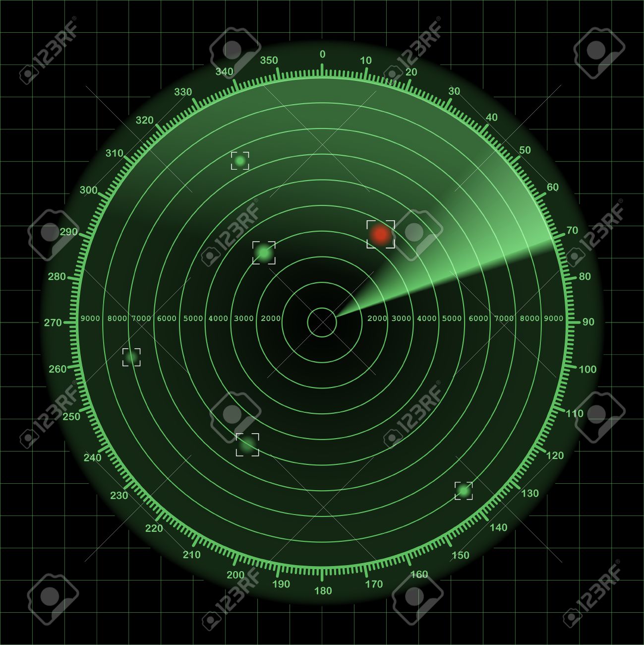 Radar Or Sonar Screen Detection Monitor Background With Grid