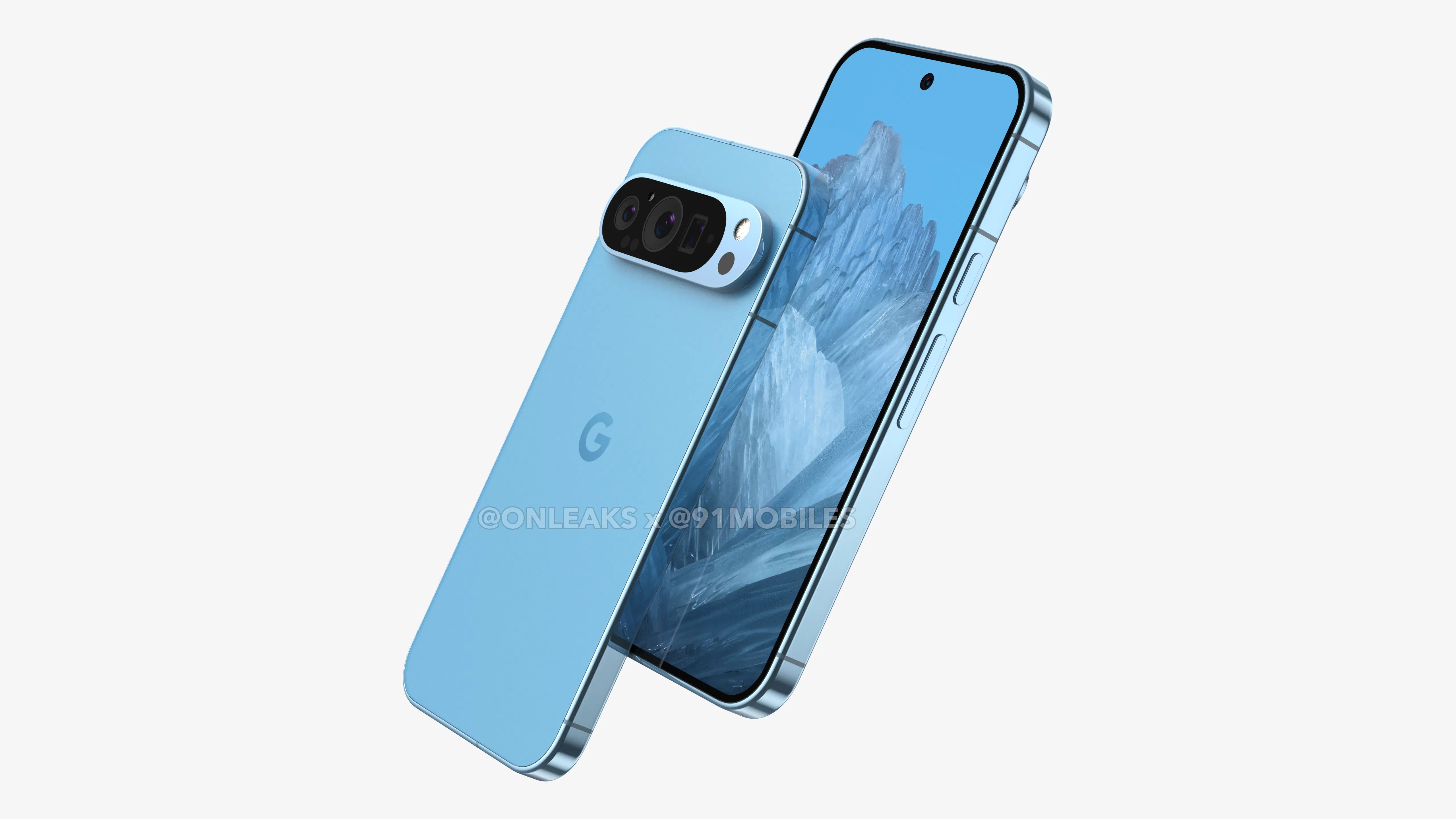 Leaked render of the Google Pixel 9 showcasing its light blue color and dual rear cameras in a visor-like module