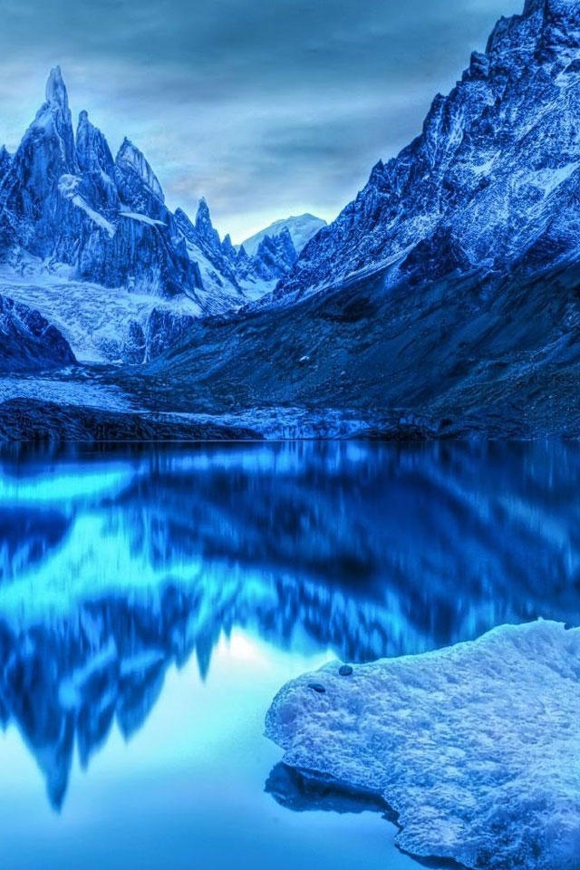 Winter White And Blue Mountian Lake iPhone Wallpaper Background